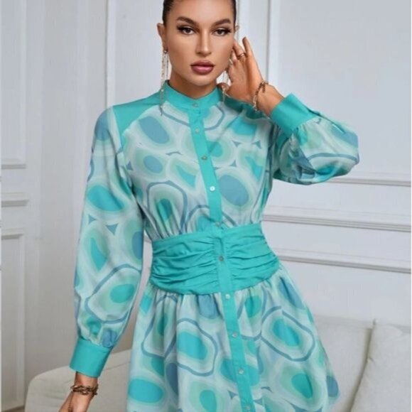 ELEGANT MULTICOLOR GEO PRINT BUTTON DOWN SHIRT DRESS - Picture 5 of 8